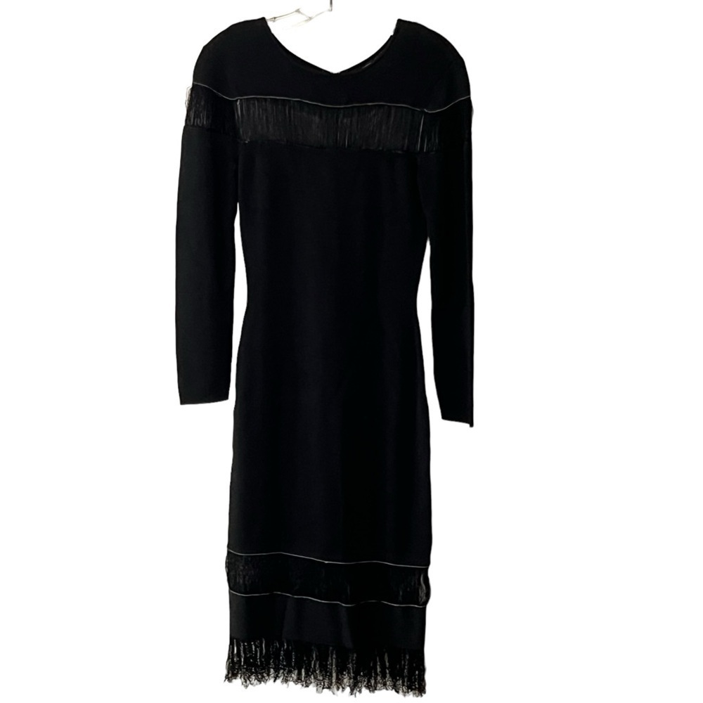 BLACK Sachin & Babi Seraphina Long Sleeve Fringe Knit Black Dress Gown S - Picture 2 of 16